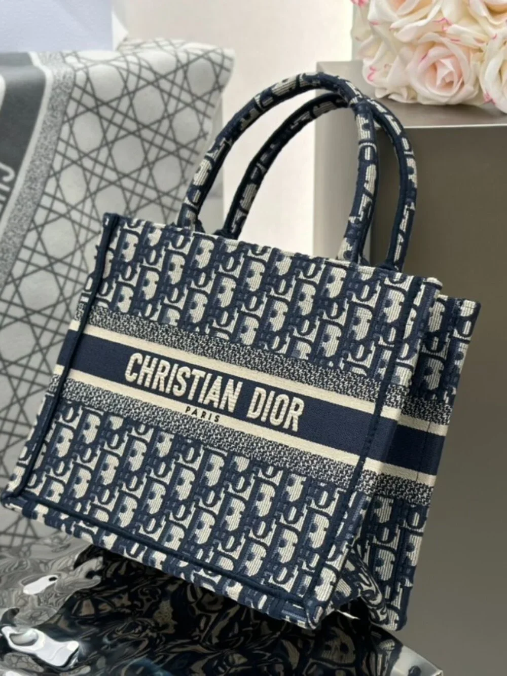 Dior Book Tote in Blue Oblique Embroidery